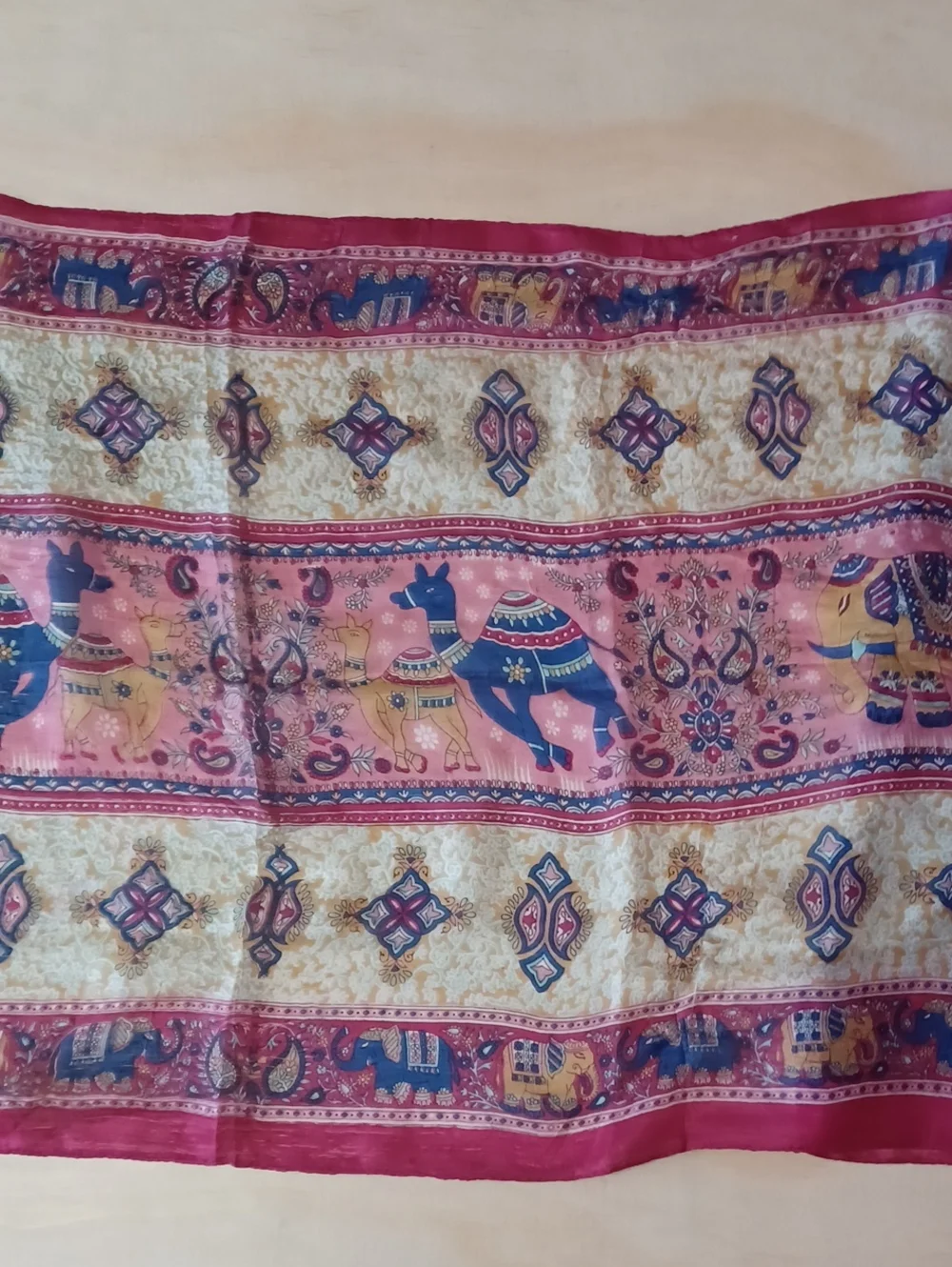 Vintage India Elephant Camel Paisley Scarf Silk Feel Oblong Boho Wrap Appx 68×19